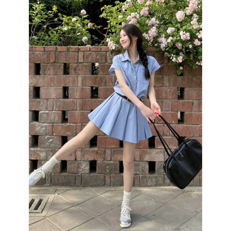 Women's Summer Blue Striped Polo Collar Pleated Shirt Dress with Waist-Cinching Design