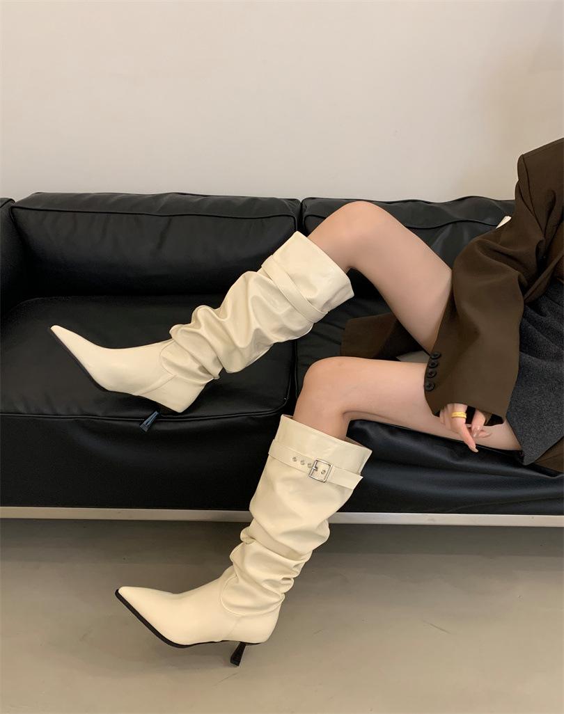 

осень-зима 2025 новая модная универсальная обувь рыцаря с острым носком, плиссированные сапоги с длинным голенищем, на высоком каблуке, но до колена 39 абрикосовый