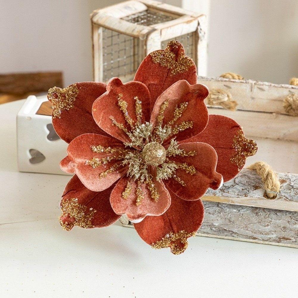 Velvet Texture Xmas Poinsettia Ornament Sparkling Faux Magnolia Flower Christmas Tree Decoration