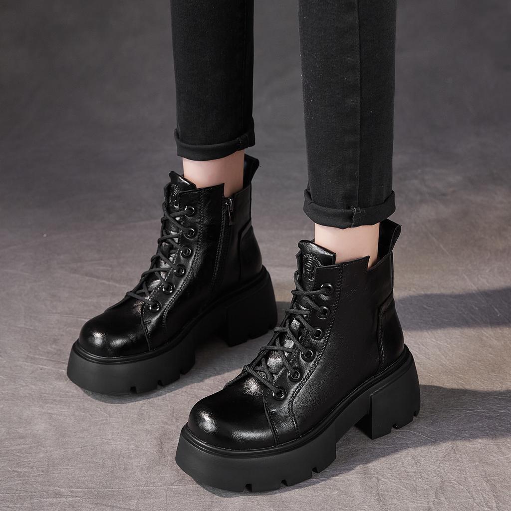 Autumn and Winter New Small Height Increase Medium Tube Trendy Women's Boots Thick Heel Cotton Martin Boots Women's Leather