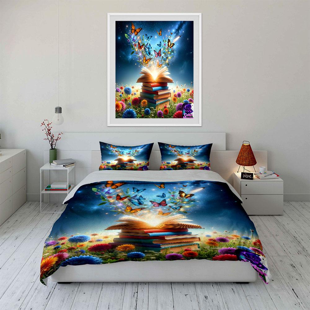 "Butterflies and Book Decor Set" Bedding Set with 1 Duvet Cover 2 Pillowcases Single Double King Queen, Gift