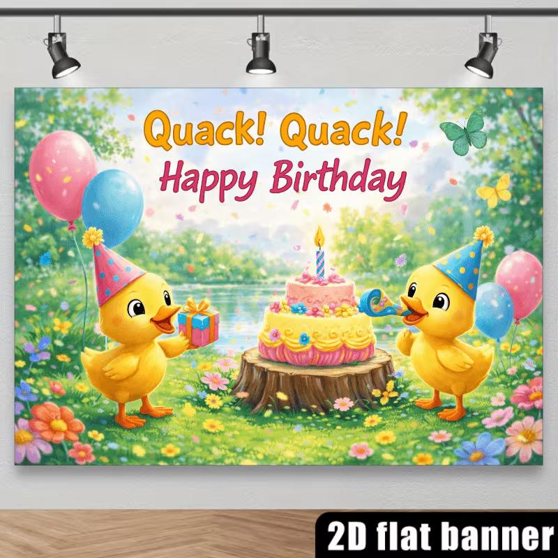 2D Zeichentrickente Kuchen & Geschenk Frühlingsgarten Geburtstag Fotografie Hintergrund