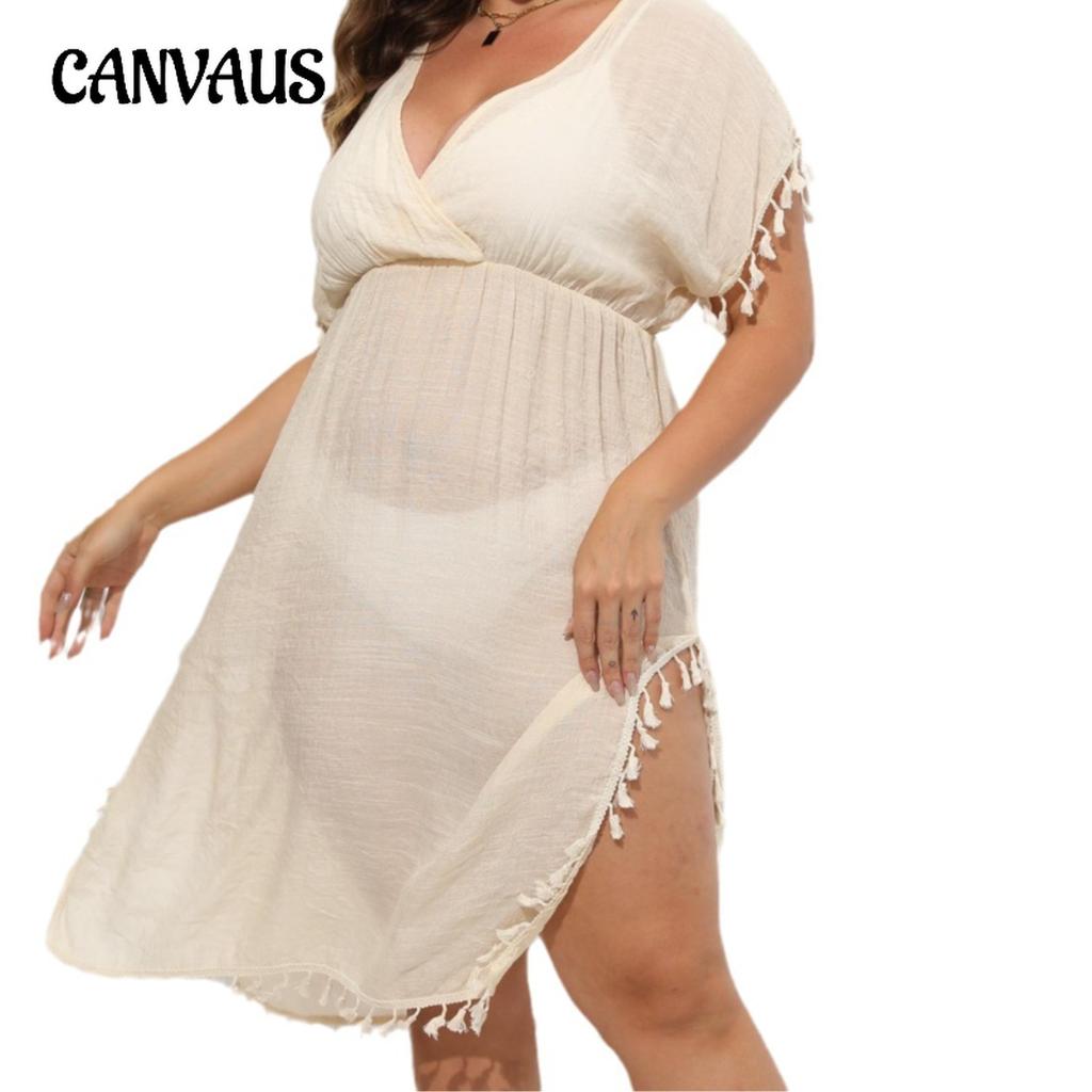 Plus Size Women's Beach Dress Holiday Bikini Cover-up Tassel Splicing Deep V Waist Dresses