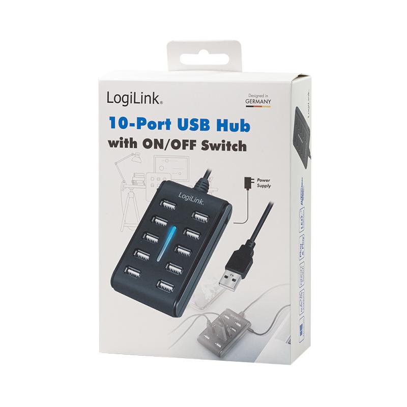 USB 2.0 Hub, 10 ports, with on/off switch, 480 Mbit/s - LogiLink
