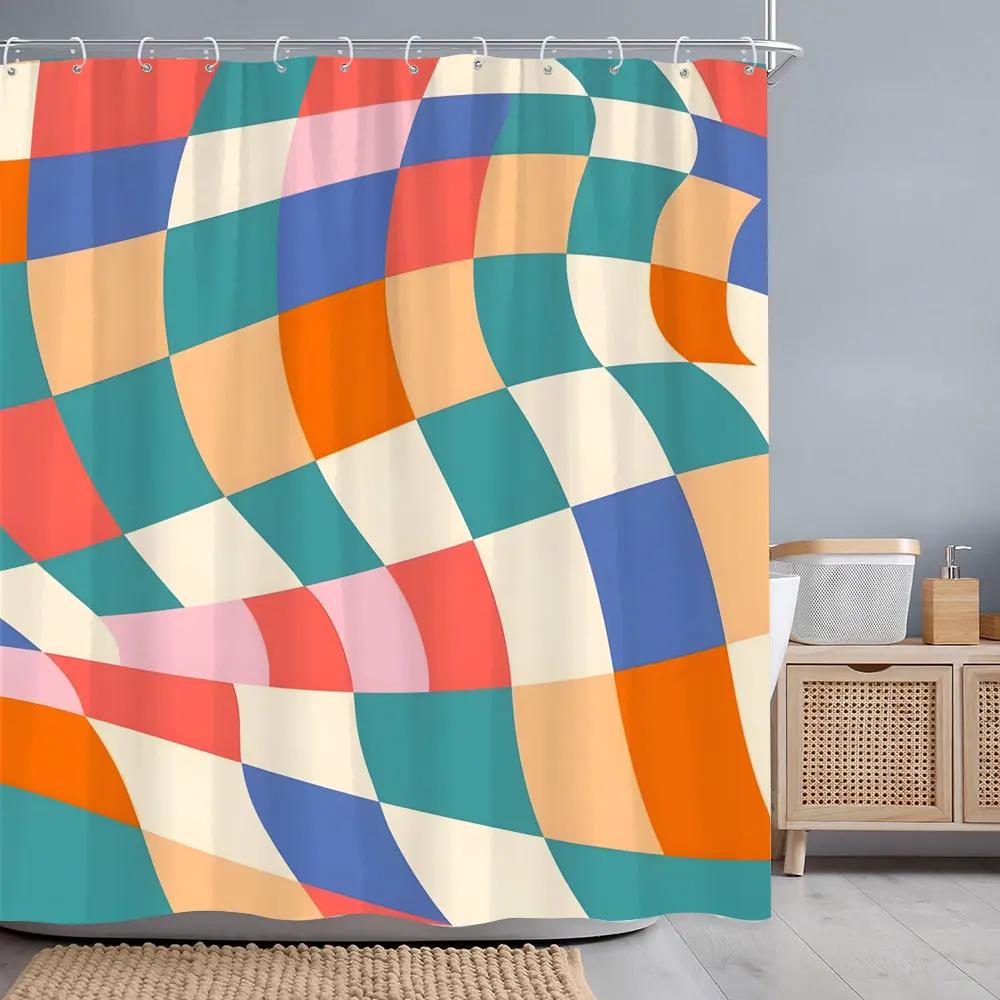Abstract Geometric Line Square Graphic Shower Curtain Colourful Grid Polyester Fabric Shower Curtains Bathroom Decor with Hooks
