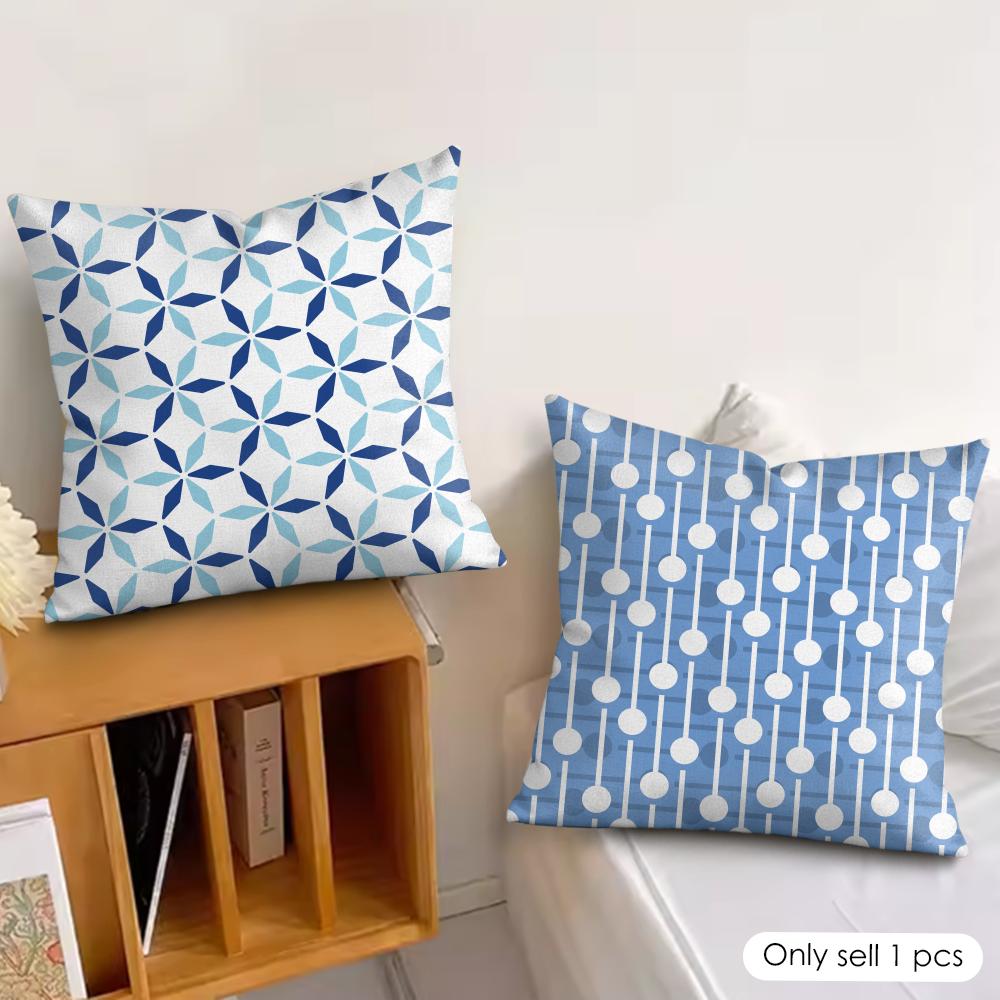 Blue And White Geometric Pillow Case Double-Sided Plush Sofa Cushion Covers Organic Breathable Invisible Zipper