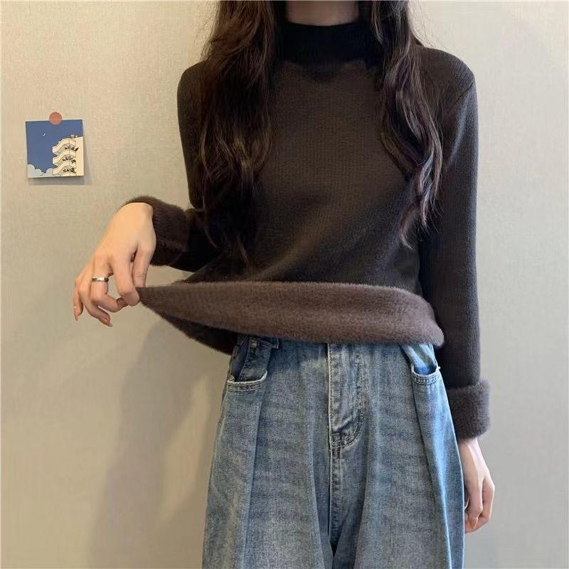 Fleece and Thickened Sweater Top for Women In Winter Semi-high-neck Pullover and Fitted Knitted Sweater Worn Inside