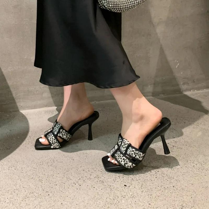 Women's Slippers Fashion Open Toe Braided Women's Shoes 2024 Summer New Casual Print Designer Beach Women's Stiletto High Heels