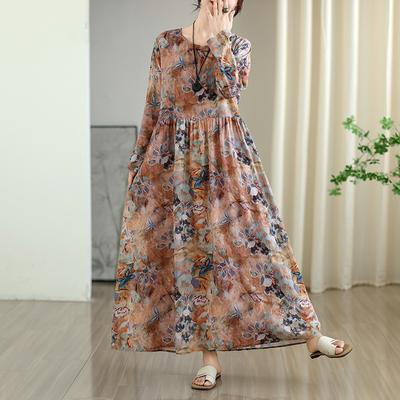DIMANAF New 2025 Women Plus Size Spring Long Dress Loose Basic Vintage Oversize Long Sleeve Maxi Floral