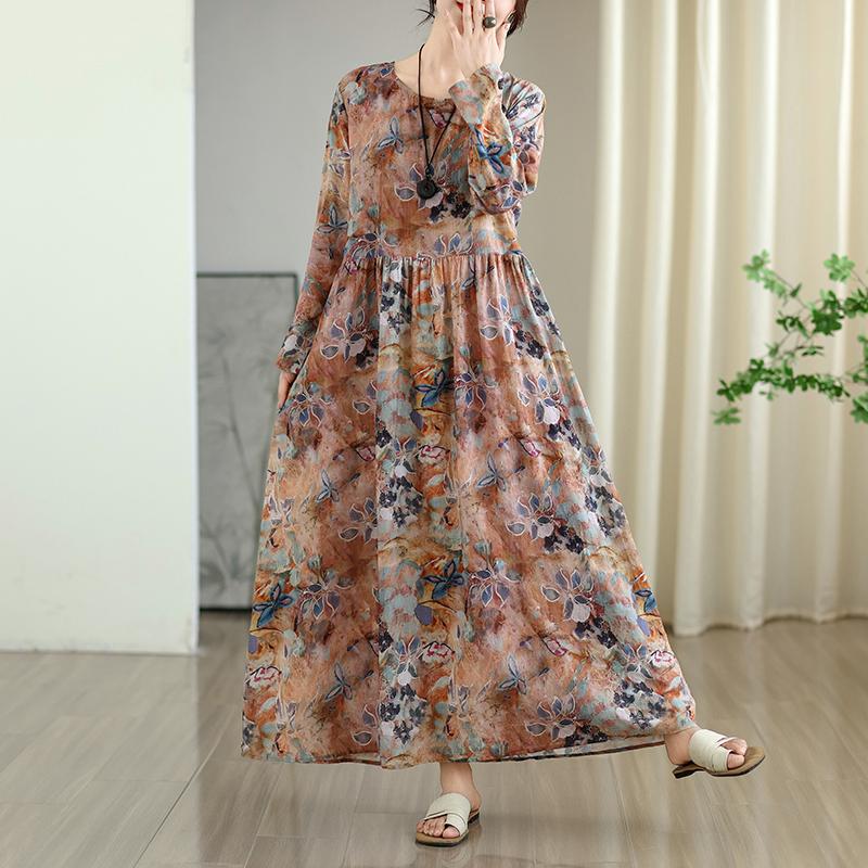 Dimanaf Ny 2025 Dame Plussstørrelse Vår Lang Kjole Løs Basic Vintage Oversize Langermet Maxi Blomstret