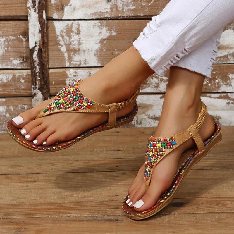 Fashion Bohemian Style Flat Sandals for Women Summer 2025 Clip Toe Gladiator Sandals Woman Plus Size Soft Bottom Beach Shoes Flip Flops