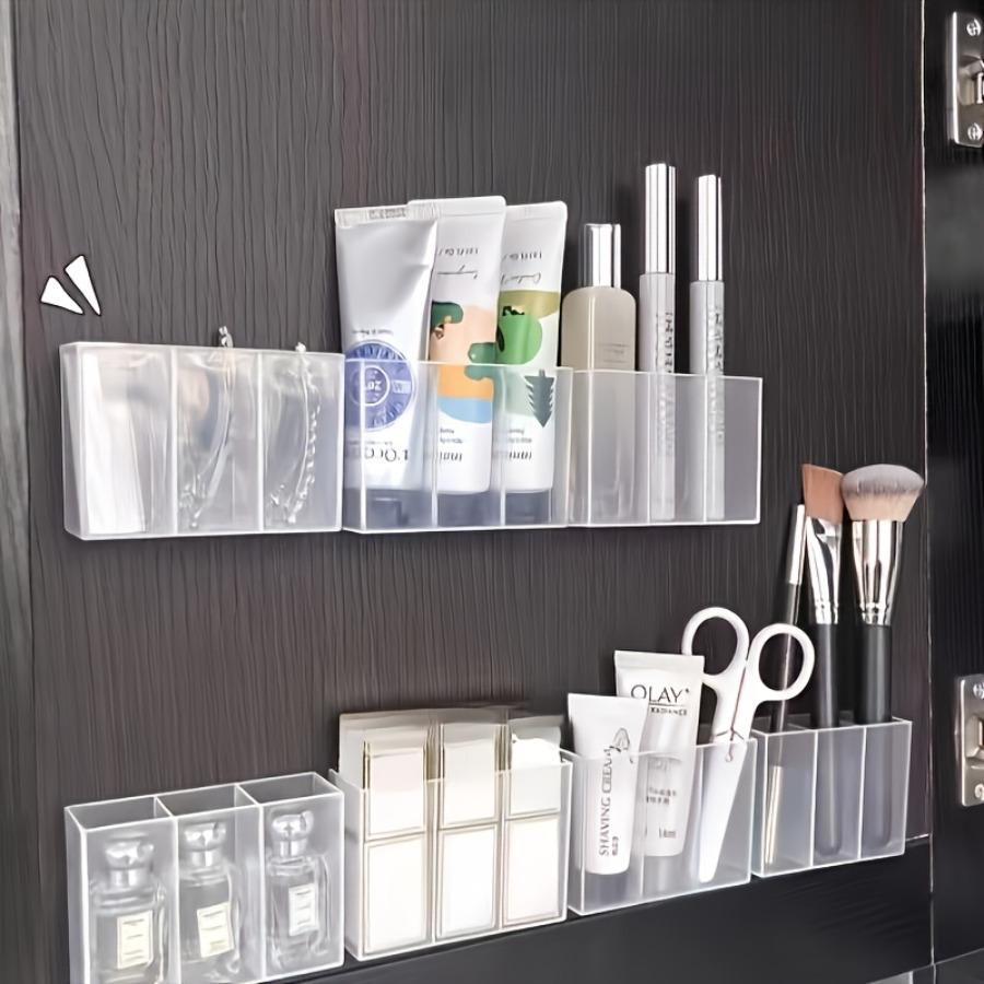 1 Transparent Wall-mounted Three-compartment Storage Box - Non-punching Self-adhesive Storage Box, Suitable for Makeup Brushes, Lipstick, Pens.