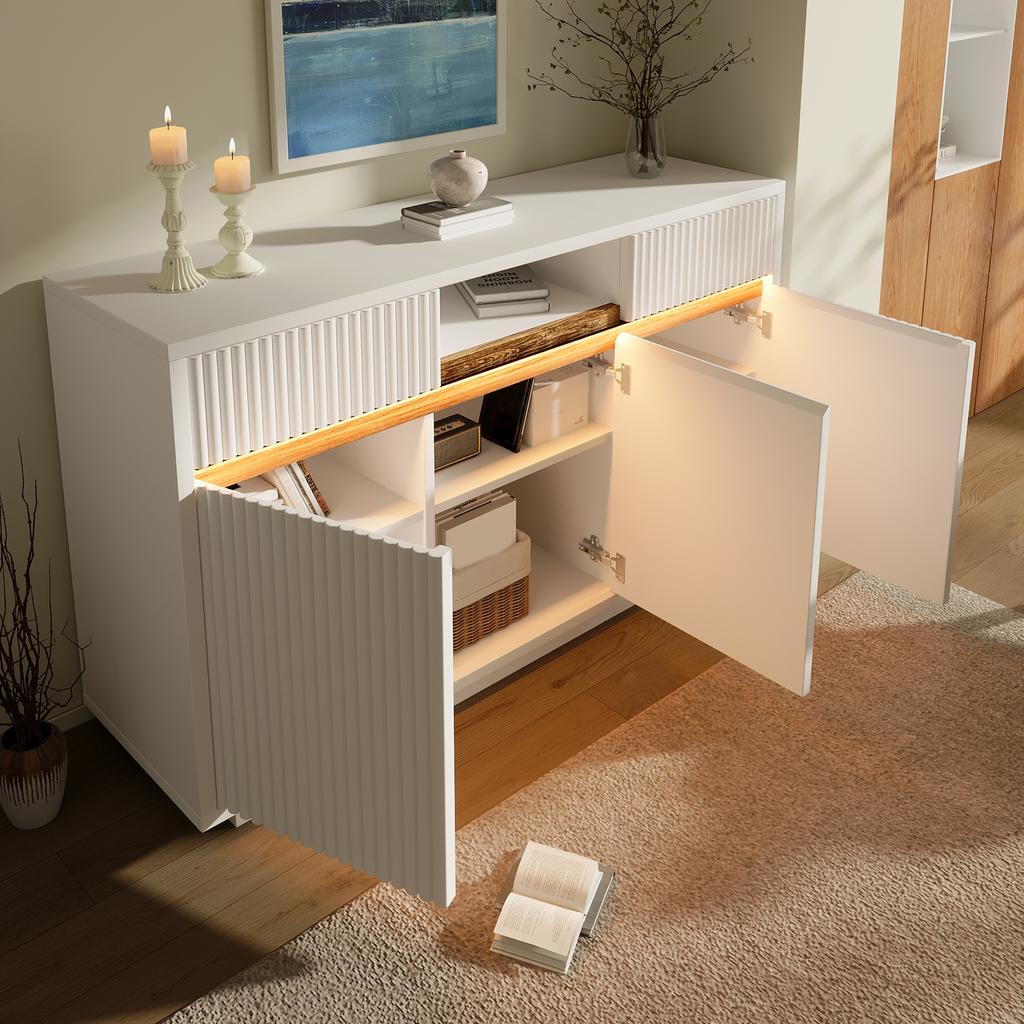 Sideboard White with LED 140x40x85 Cm, Chest of Drawers with 2 Drawers and 3 Doors, with Adjustable Shelves, Modern Living Room, Hallway, Kitchen