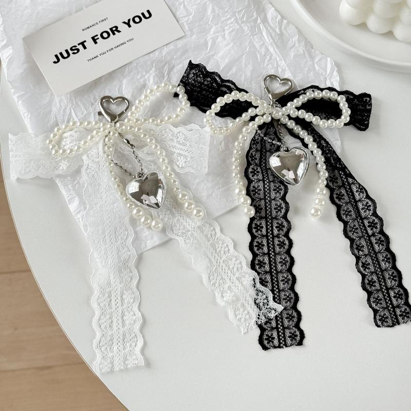 1 Piece Phone Charm Strap Pendant Sweet Imitation Pearls Lace Bow Beaded Keychain Bag Hanging Cord For Women Girl
