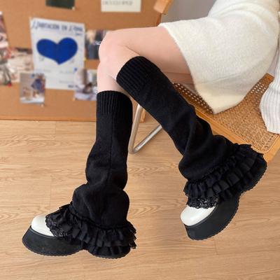 1 Pair Winter Calf Covers Lace Trim Knitted Anti-slip Solid Color Elastic Lolita Style JK Cosplay Performance Daily Wear Sports Outing Leg Warmers
