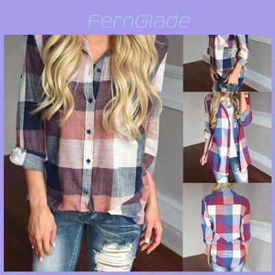 Women Long Sleeve Plaid Linen Shirt With Turndown Collar For Casual Office Wear