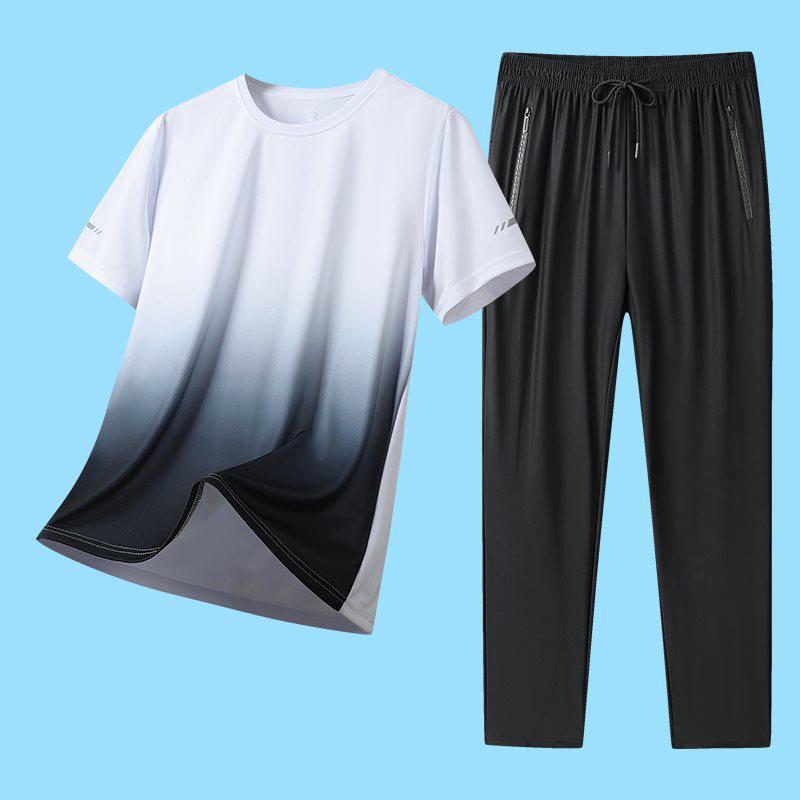 2026 Summer Men's Ice Silk Casual Sports Set: Round Neck Short Sleeve & Long Pants