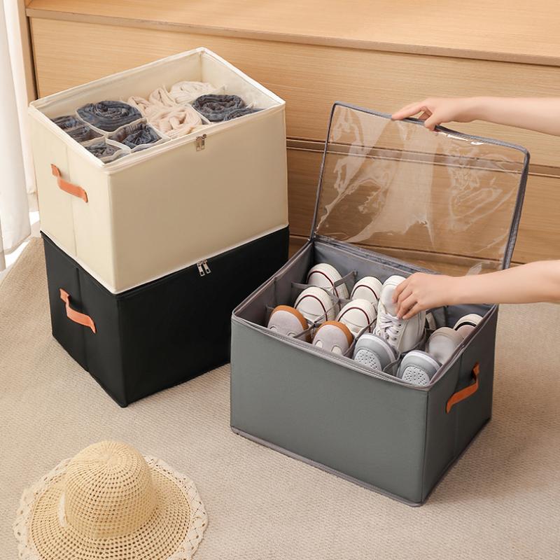Multifunctional Grid Storage Shoe Box Cross-Border Foldable Fabric With Cover Dustproof And Washable Sundries Storage Box