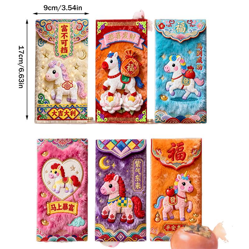 6Pcs/Pack 2026 Year Of The Horse Chinese Year Lucky Money Envelopes Cartoon Red Packet For Spring Festival