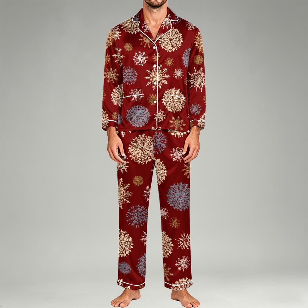Herren-Pyjama-Set Langarm-Oberteil mit Knöpfen und Hose für Zuhause Nachtwäsche