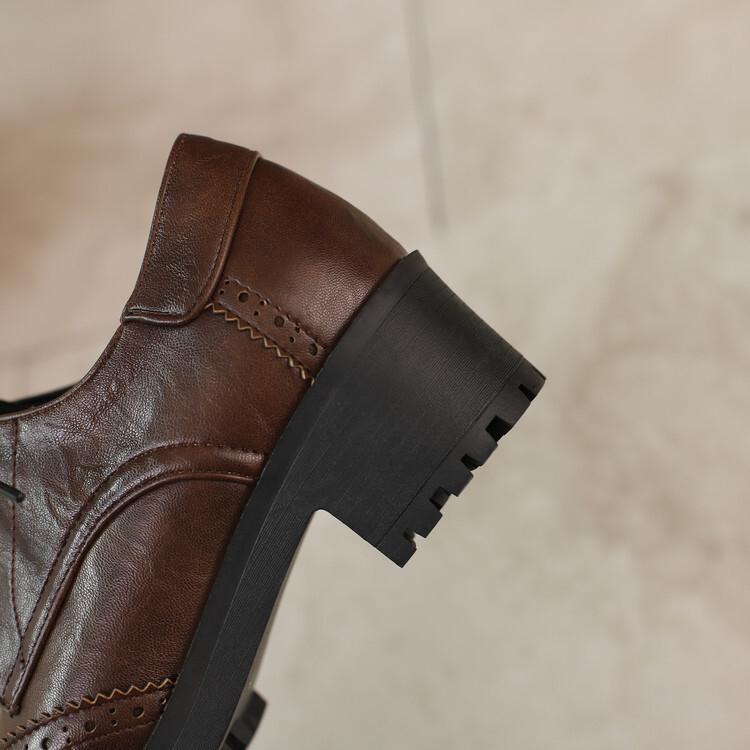 Large Size Small Leather Shoes Spring and Autumn Platform Thick Heel Medium High Heels Retro Front Lace-up  Shoes