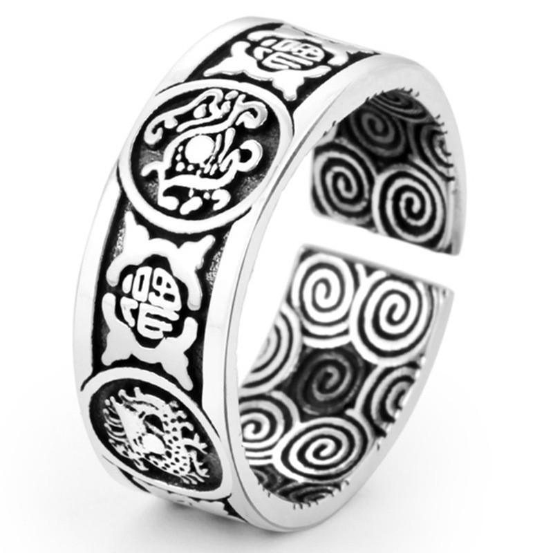 Adjustable Open Ring Men Women With Four Mythical Beasts Motif Vintage Hip Hop Style Plated Finger