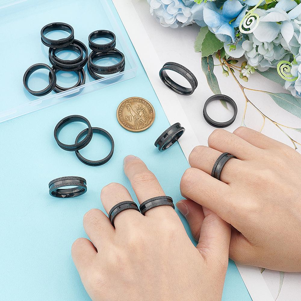 18Pcs 9 Size 201 Stainless Steel Grooved Finger Ring for Men Women, Electrophoresis Black, Inner Diameter: 16~22.2mm, Wide: 6mm, 2Pcs/size