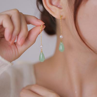 Orchid Hetian Jade Earrings, Thin Long Earrings, Design Sense Chinese Style Gentle Fringed Pearl White Jade Stud Earrings