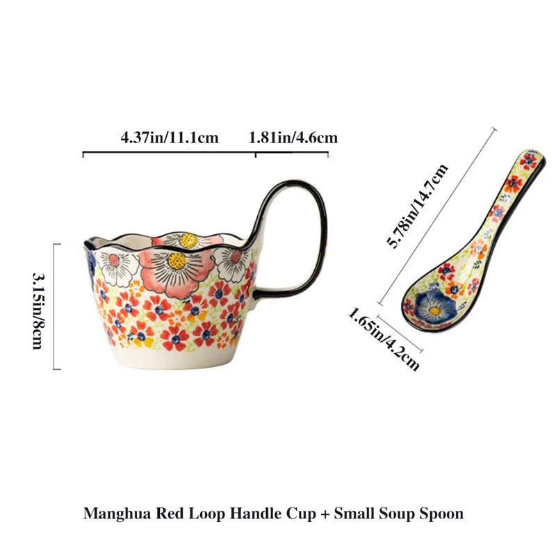 400ml Vintage Keramische Mok met Handvat en Lepel - Duurzaam Drinkgerei Thee Chocolade, Stevig Handvat Design Cadeaus