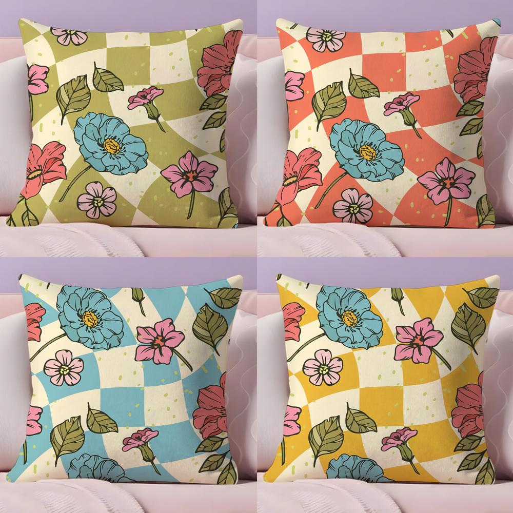 Checked Pattern Flowers Cushion Cover Soft Short Plush DoubleSided Printing Home Decor Machine Washable Pillow Case Gift