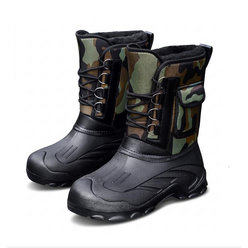 Herren Tarnung Mittelhohe Schneestiefel, Schnürung Dicke Sohle Fleecegefüttert Warm Outdoor Arbeit Baumwollschuhe