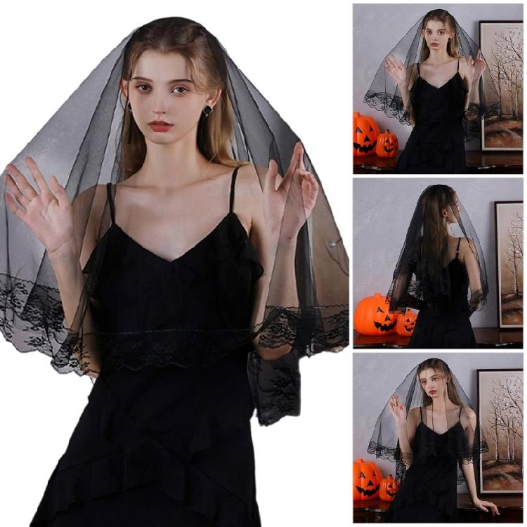 Black Lace Bridal Veils Punk Theme Headpiece Easy To Wear Halloween Wedding Accessory for Cosplay Party and Ceremonies