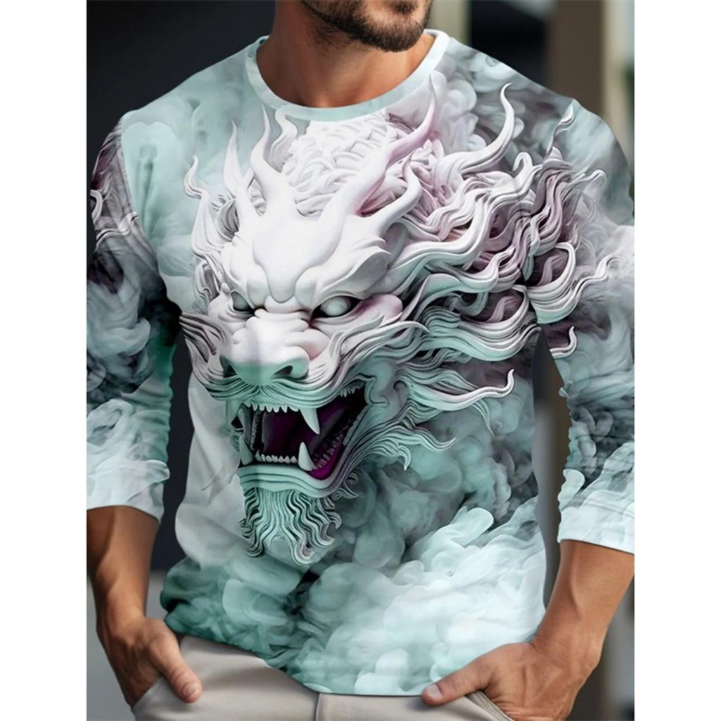 Spring and Autumn Round Neck 3D Dragon Pattern Printed Top Fashionable Casual Long Sleeved Men's T-shirts