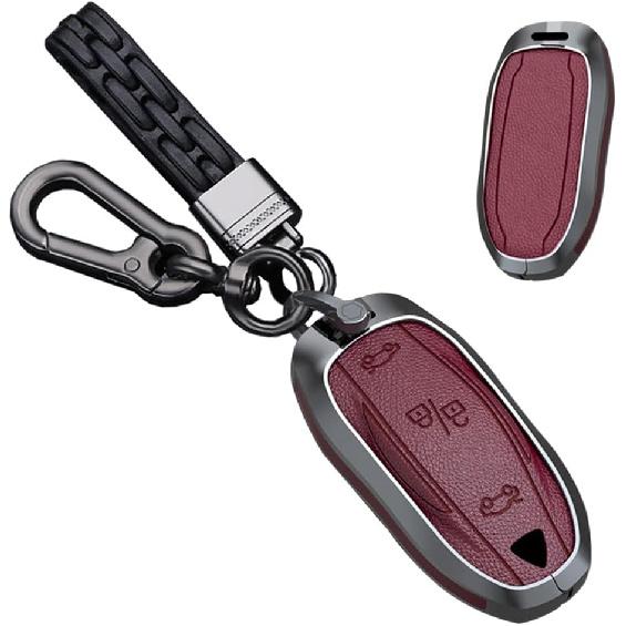 for Tesla Metal Key Fob Cover Compatible with Tesla Model S/3/Y Leather Key Protection Case Smart Accessory Black A Leather-keychain-Red