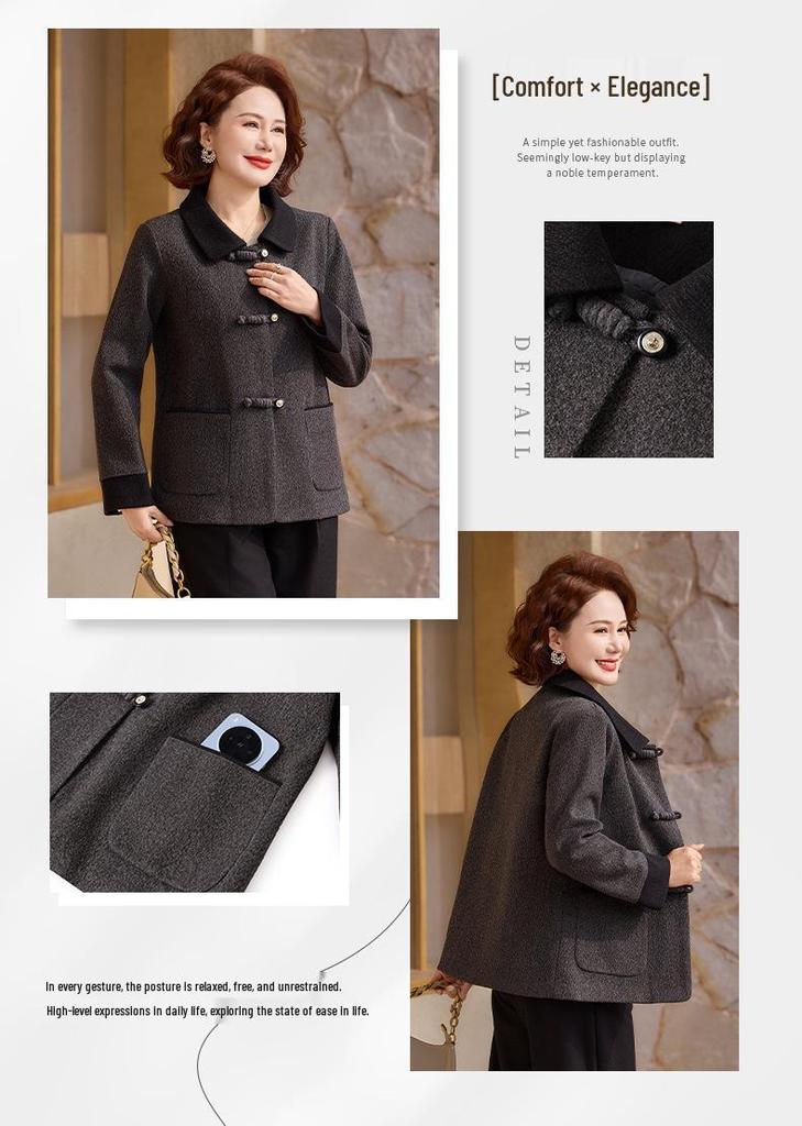 Elegant Woolen Lapel Jacket for Middle-Aged Mothers - Spring/Autumn Fashion Top