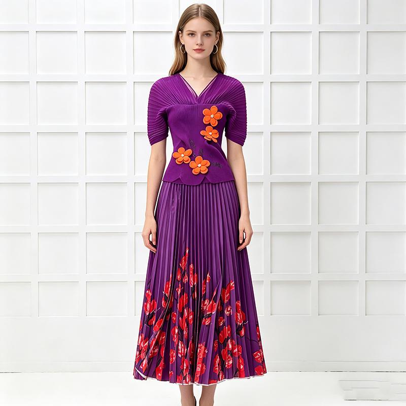 Miyake Pleated Two Pieces Skirt Suit Women 3D Flower Metal Batwing Sleeve High Stretch Blouse Tops + A-Line Maxi Skirt Sets