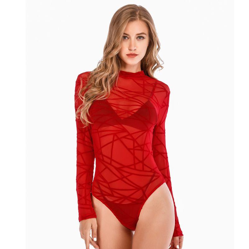 

Боди Мода 2024 Флокированный Принт Полоски Прозрачный Сексуальный Комбинезон Женские Шорты Облегающий Комбинезон Женский Red S