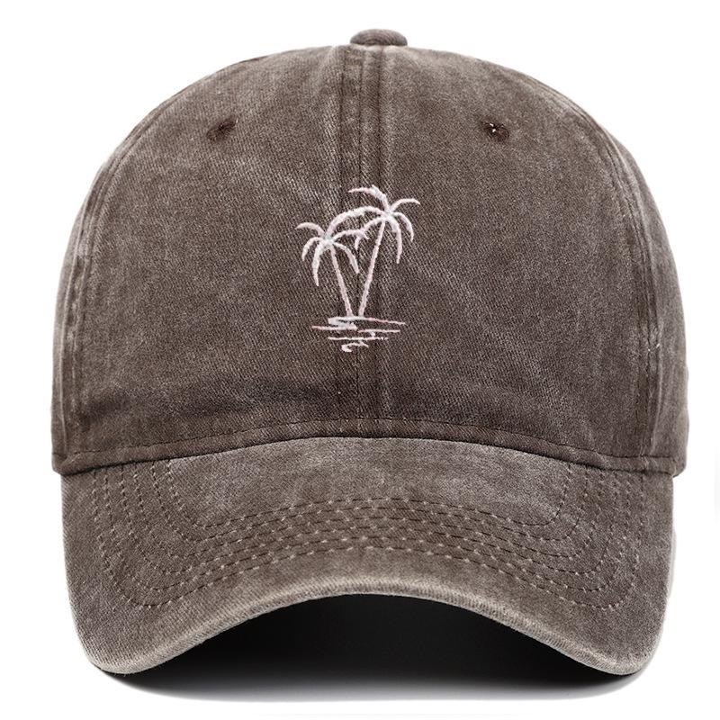 Coconut Tree Embroidered Washed Retro Duckbill Cap - Distressed Unisex Curved Brim Baseball Hat.
