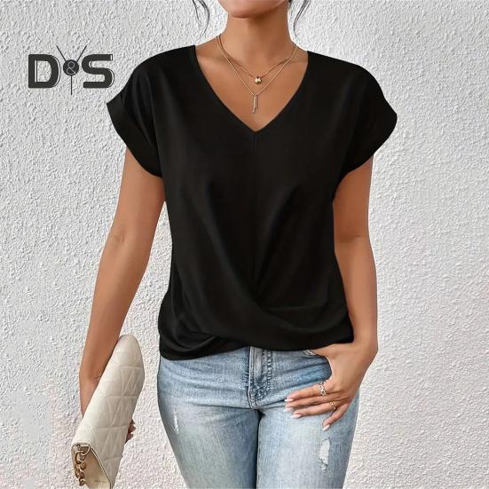 Summer Women Short Sleeve V Neck Shirts Solid Color Casual Breathable Top Versatile Fashion Blouse for Jeans Skirts