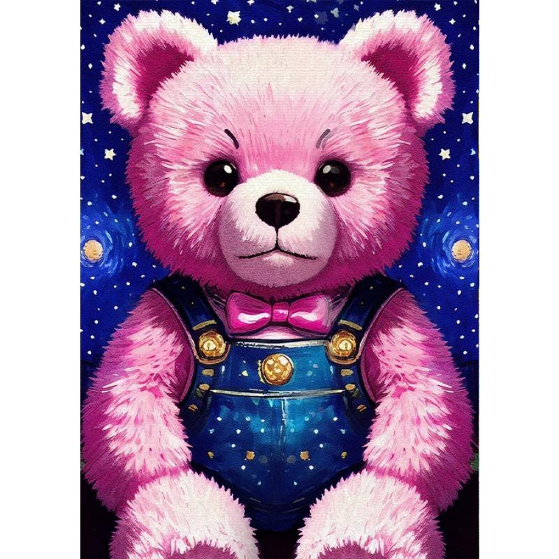Růžový plyšový medvídek Hvězdná obloha Vintage malba Tisky Plyšový medvídek Roztomilá kreslená malba Dětský pokoj Školní plátno Dekorace