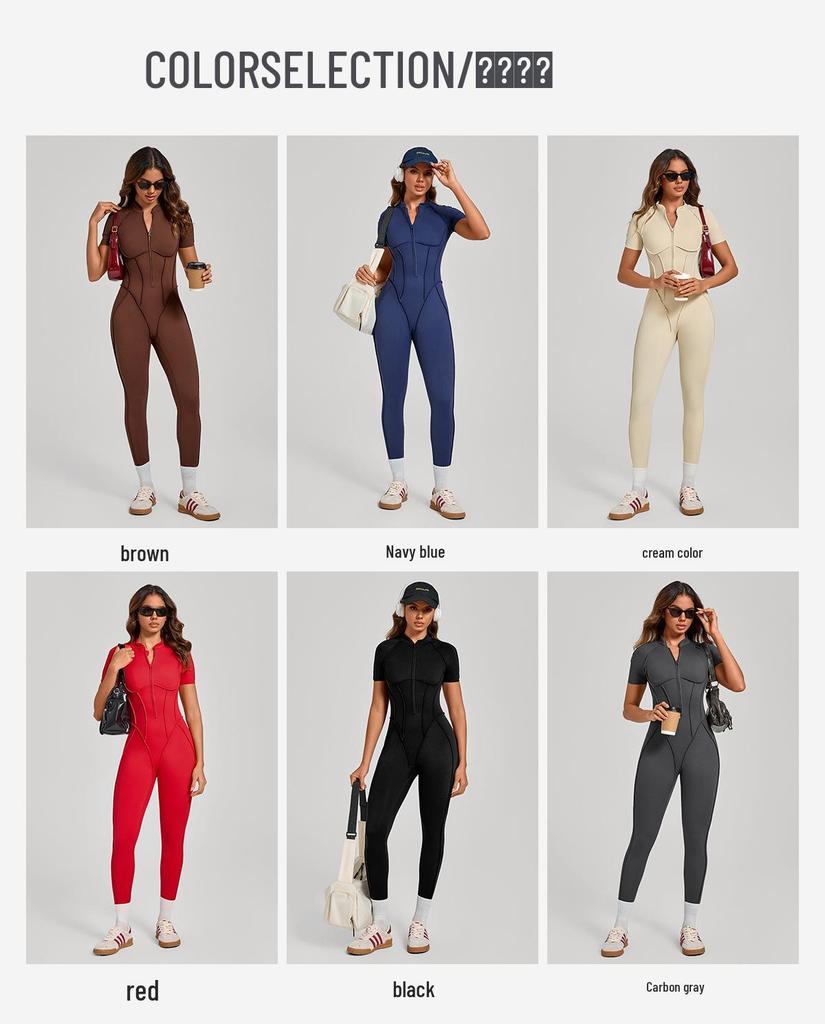 Women's Short-Sleeve Half-Zip Tummy-Control Yoga Jumpsuit