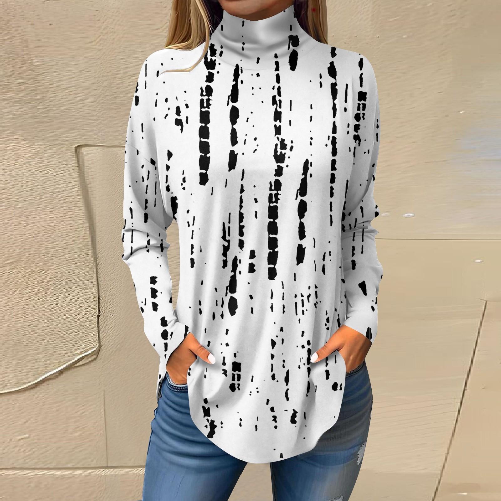 Женская модная повседневная футболка с длинным рукавом с высоким воротом и принтом — фото 7