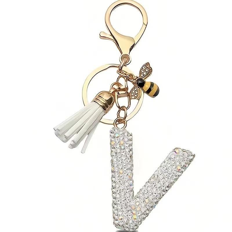 Błyszczący Rhinestone Litera Początkowa A Z Brelok Uroczy Breloczek z Pszczółką Ozdoba z Frędzli Spersonalizowane Prezenty Na Kluczyki Samochodowe Torbę
