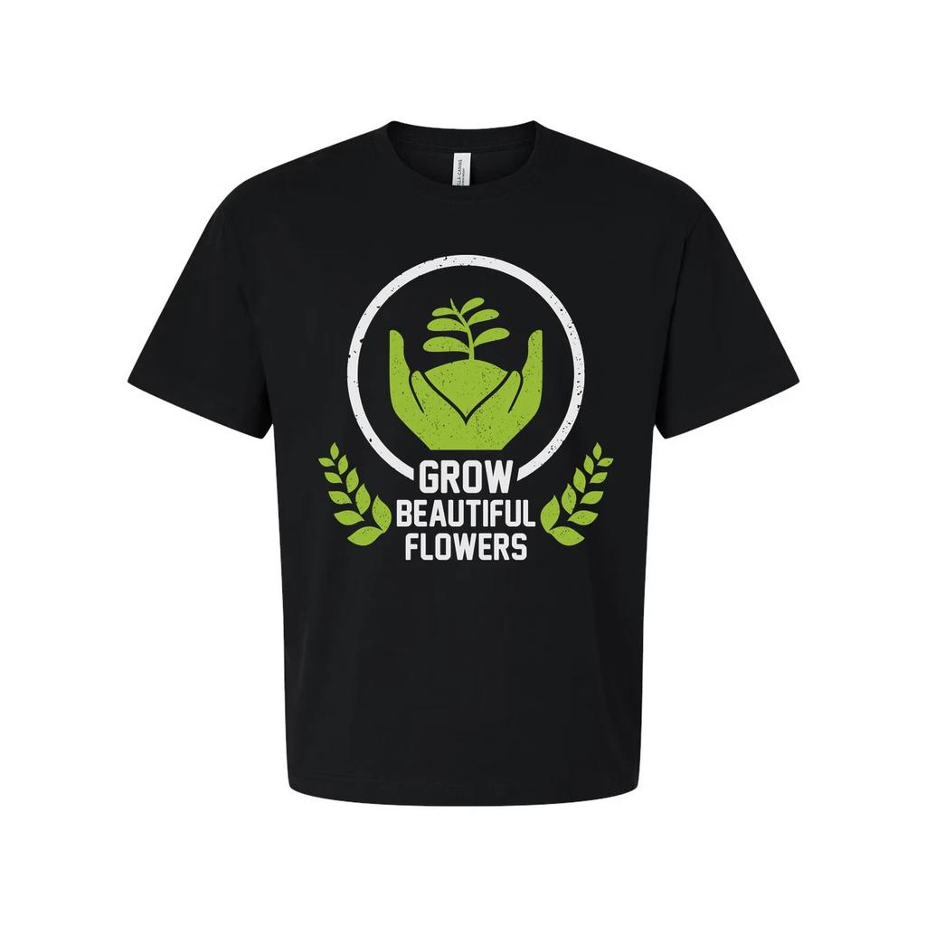 Unisex Gardening T Shirt With Cradling Hands Plant Emblem And Grow Beautiful Flo