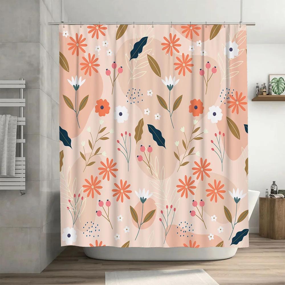 Pink Floral Print Shower Curtain with Hooks Decorative Home Bathroom Accessories for Girls and Women's Kitchen Pink Flower Water