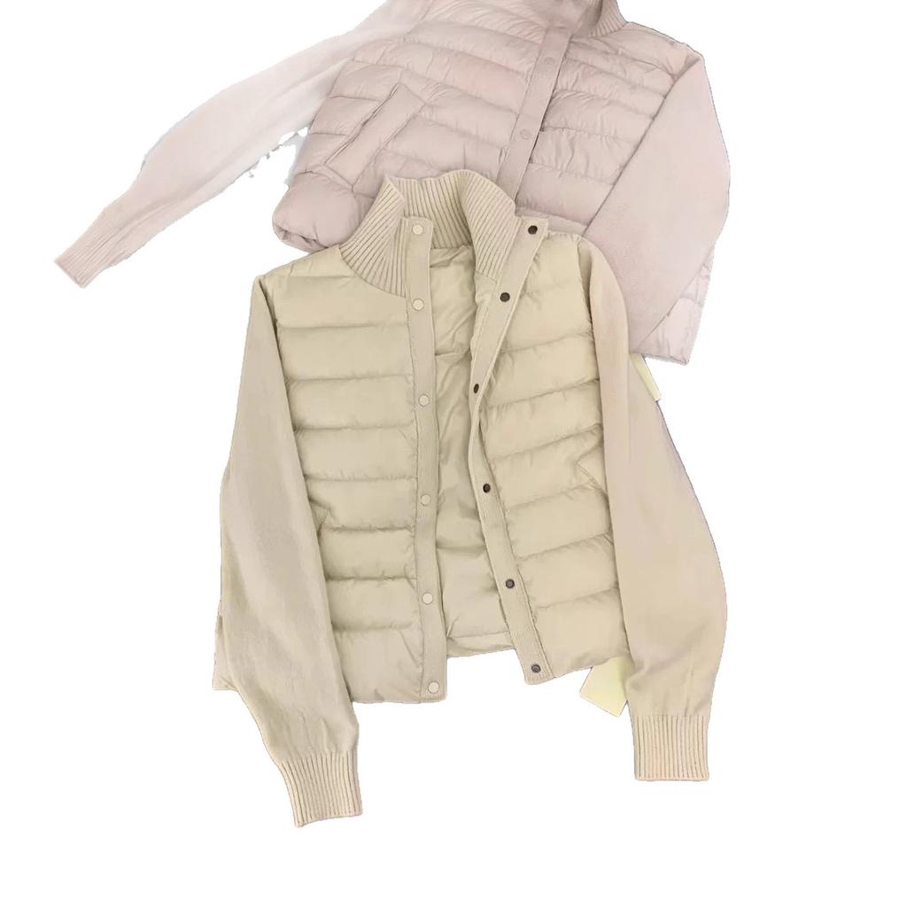New white duck down jacket for women, short knit sleeve patchwork, high-end lightweight petite jacket