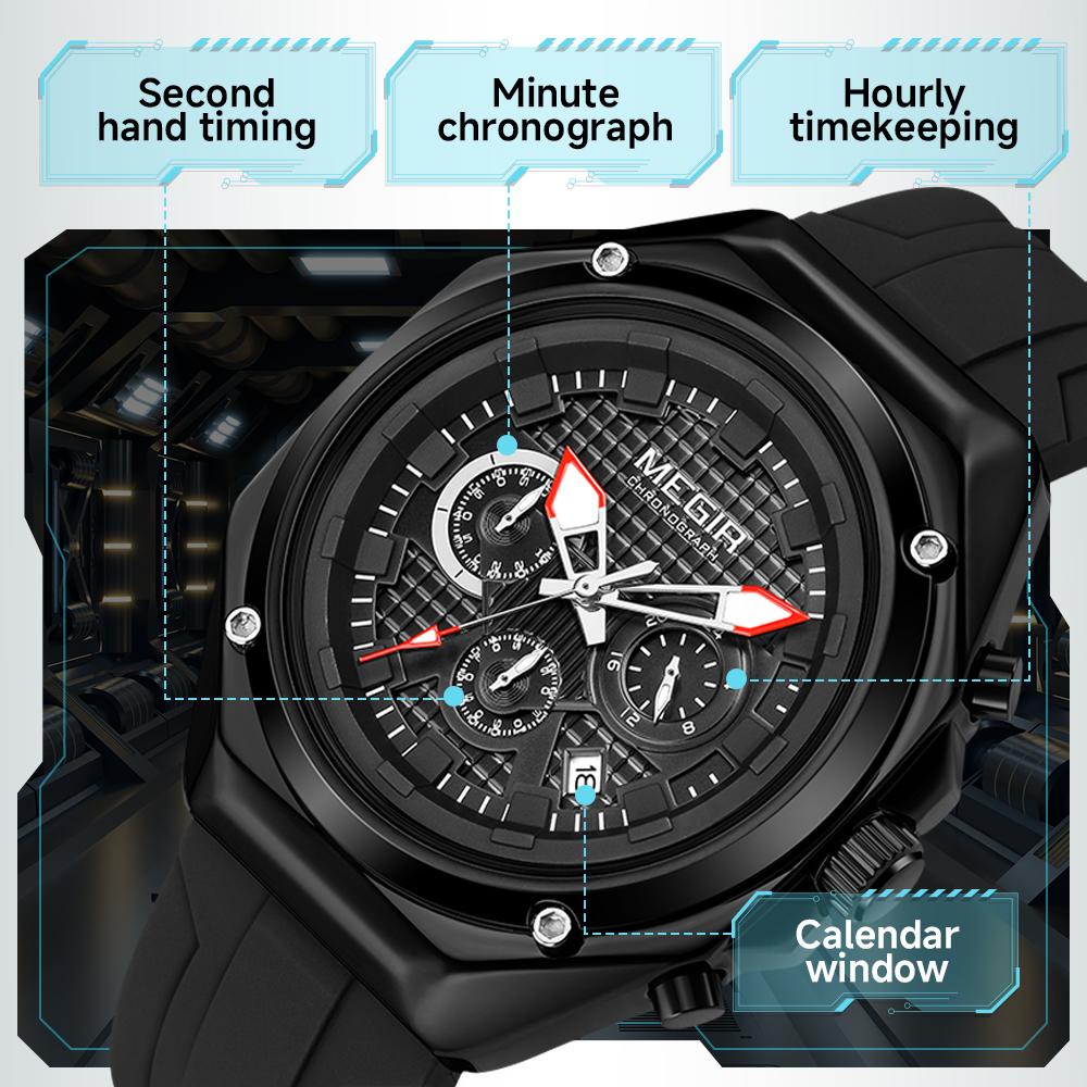 Megir Fashion Sport Watches for Men Silicone Strap Waterproof Military Quartz Chronograph Clock Man Wristwatch with Date 24-hour 8118