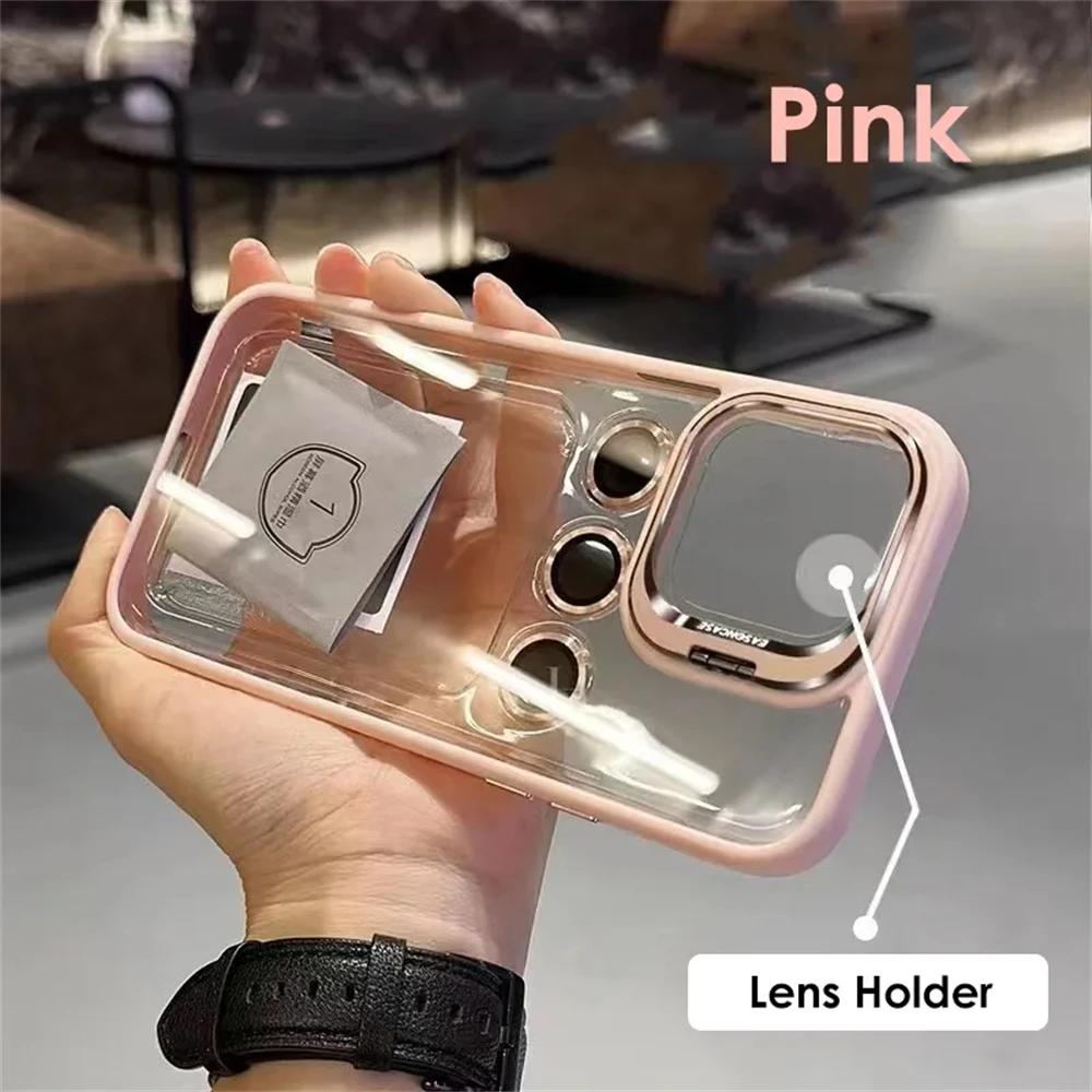 Transparent Shockproof Lens Protector Stand Case for iPhone 11-15, Camera Glass Protection, Metal Ring