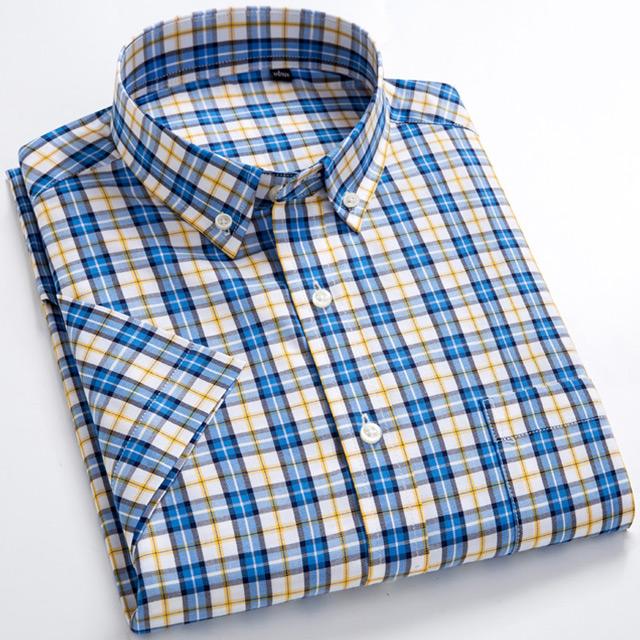 Men's Fashion Plaid Checkered Short Sleeve 100% Cotton Shirt Button-collar Holiday Youthful Striped Summer Casual Gingham Shirts