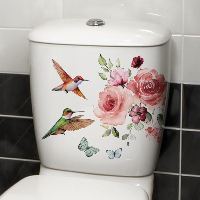 Hummingbird Flower Toilet Sticker Self-Adhesive Bathroom Waterproof Decoration Removable Wall Art